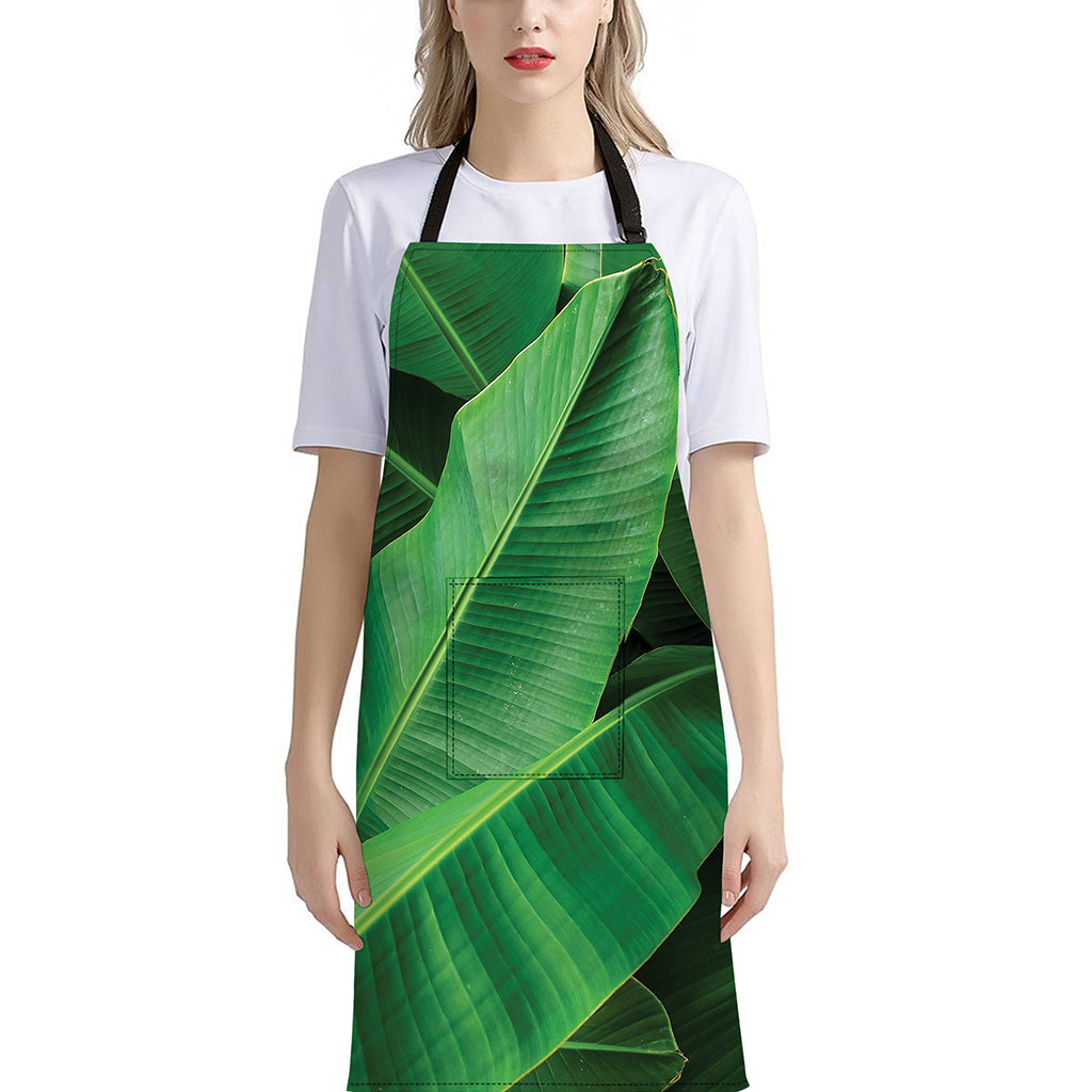 Green Tropical Banana Palm Leaf Print Bib Apron With Pocket