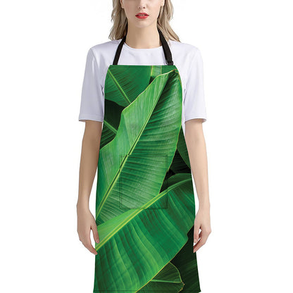 Green Tropical Banana Palm Leaf Print Bib Apron With Pocket