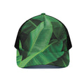 Green Tropical Banana Palm Leaf Print Black Mesh Trucker Hat