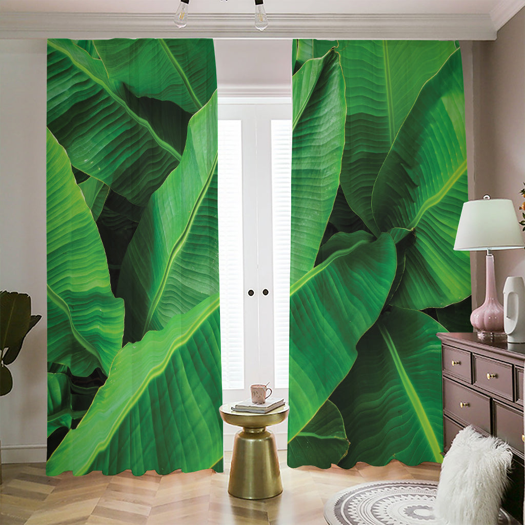 Green Tropical Banana Palm Leaf Print Blackout Pencil Pleat Curtains