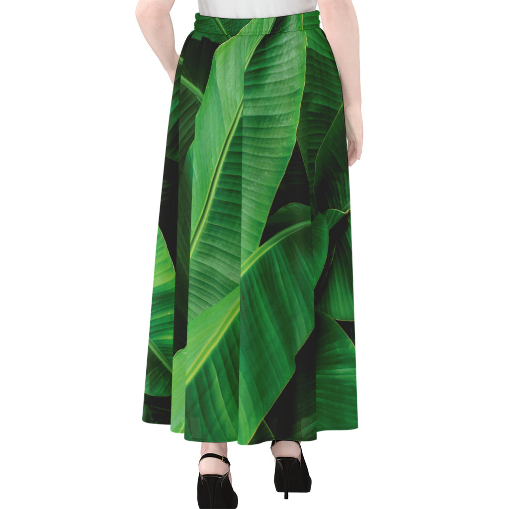 Green Tropical Banana Palm Leaf Print Chiffon Maxi Skirt
