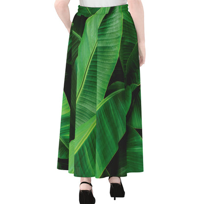 Green Tropical Banana Palm Leaf Print Chiffon Maxi Skirt
