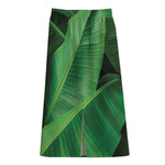 Green Tropical Banana Palm Leaf Print Cotton Front Slit Maxi Skirt