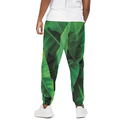 Green Tropical Banana Palm Leaf Print Cotton Pants