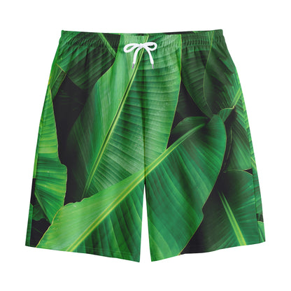 Green Tropical Banana Palm Leaf Print Cotton Shorts