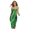 Green Tropical Banana Palm Leaf Print Cross Back Cami Dress