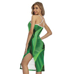 Green Tropical Banana Palm Leaf Print Cross Back Cami Dress