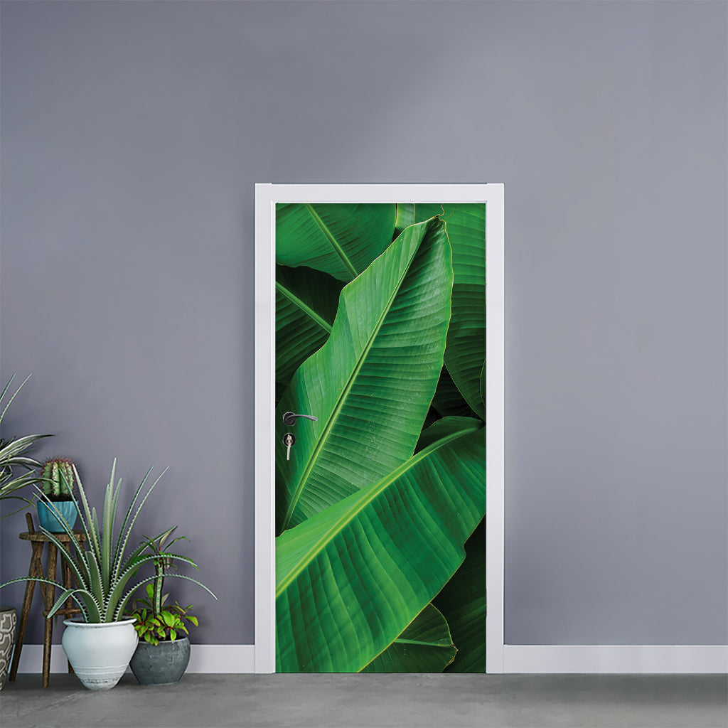 Green Tropical Banana Palm Leaf Print Door Sticker
