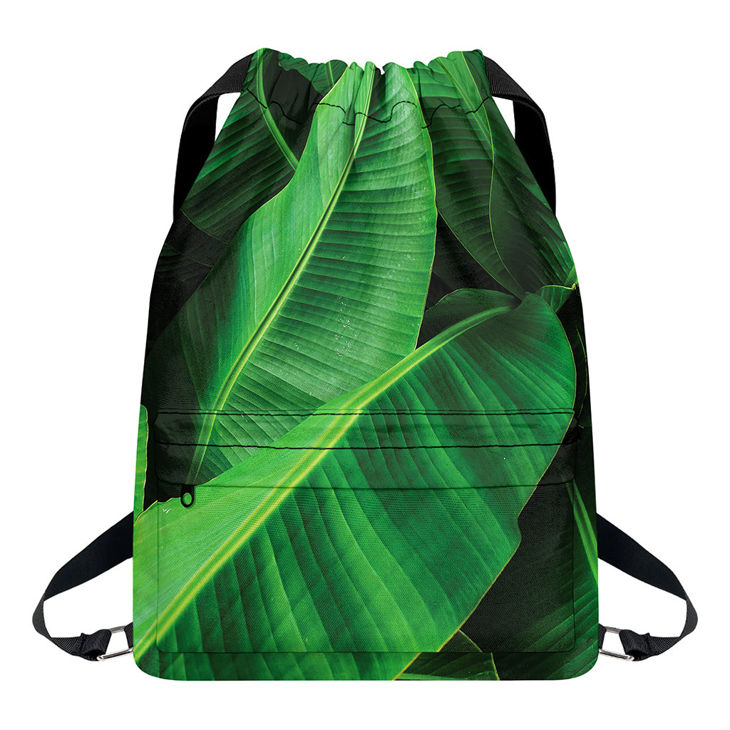 Green Tropical Banana Palm Leaf Print Drawstring Backpack