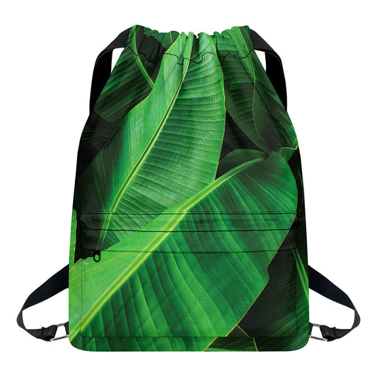 Green Tropical Banana Palm Leaf Print Drawstring Backpack