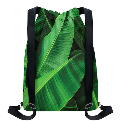 Green Tropical Banana Palm Leaf Print Drawstring Backpack