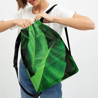 Green Tropical Banana Palm Leaf Print Drawstring Backpack