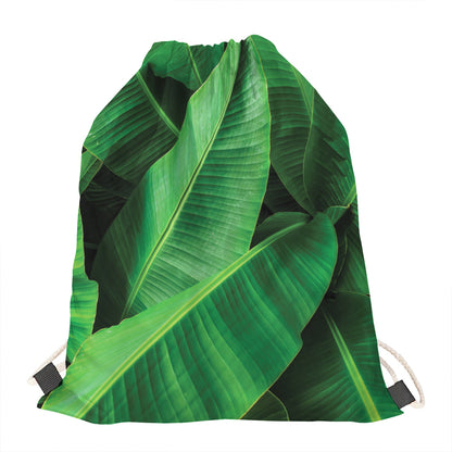 Green Tropical Banana Palm Leaf Print Drawstring Bag