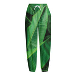 Green Tropical Banana Palm Leaf Print Fleece Lined Knit Pants