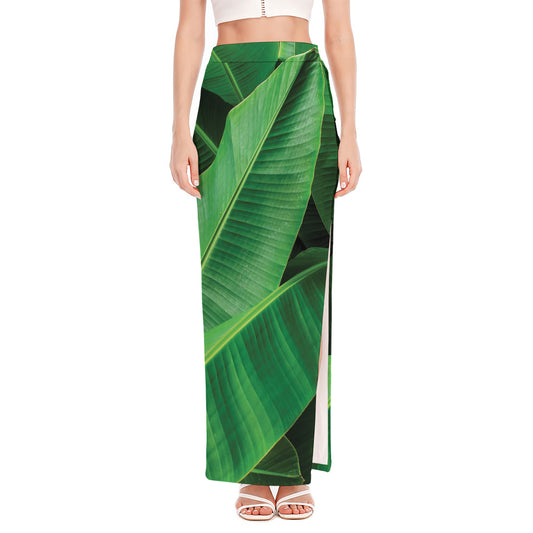 Green Tropical Banana Palm Leaf Print High Slit Maxi Skirt