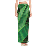 Green Tropical Banana Palm Leaf Print High Slit Maxi Skirt