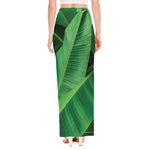 Green Tropical Banana Palm Leaf Print High Slit Maxi Skirt