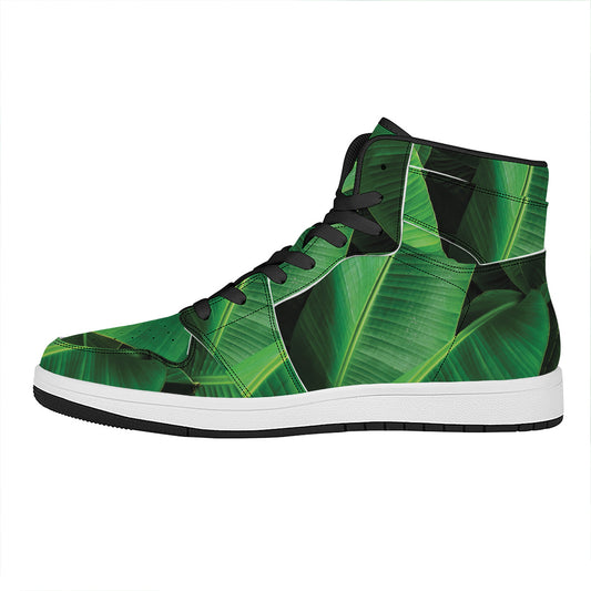 Green Tropical Banana Palm Leaf Print High Top Leather Sneakers