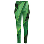 Green Tropical Banana Palm Leaf Print High-Waisted Pocket Leggings