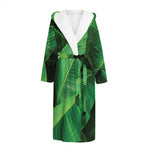 Green Tropical Banana Palm Leaf Print Hooded Bathrobe