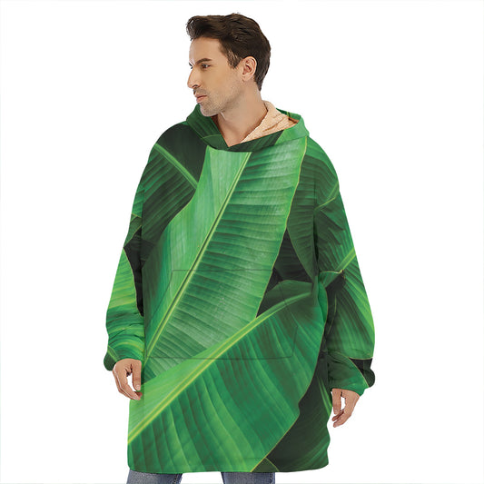 Green Tropical Banana Palm Leaf Print Hoodie Blanket