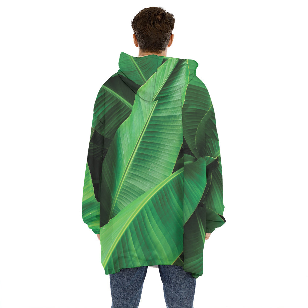 Green Tropical Banana Palm Leaf Print Hoodie Blanket