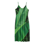 Green Tropical Banana Palm Leaf Print Jersey Midi Cami Dress