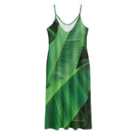 Green Tropical Banana Palm Leaf Print Jersey Midi Cami Dress