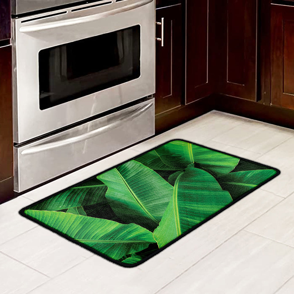 Green Tropical Banana Palm Leaf Print Kitchen Mat
