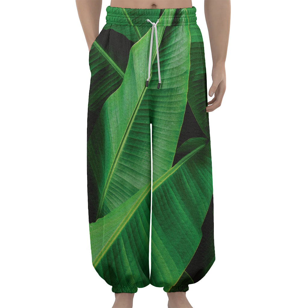 Green Tropical Banana Palm Leaf Print Lantern Pants