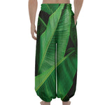 Green Tropical Banana Palm Leaf Print Lantern Pants