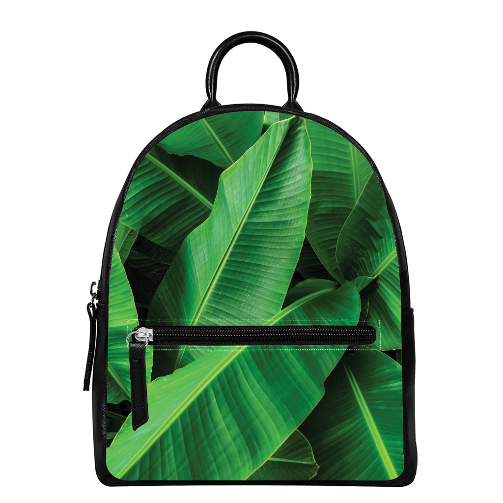Green Tropical Banana Palm Leaf Print Leather Backpack