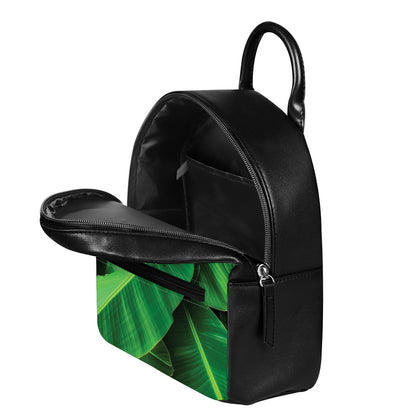 Green Tropical Banana Palm Leaf Print Leather Backpack