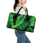 Green Tropical Banana Palm Leaf Print Leather Duffle Bag