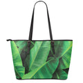 Green Tropical Banana Palm Leaf Print Leather Tote Bag With Zipper