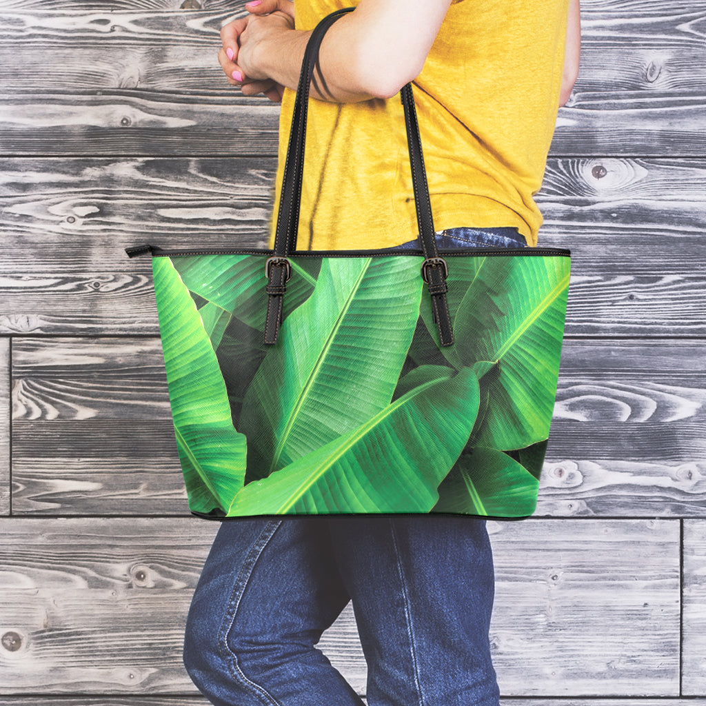 Green Tropical Banana Palm Leaf Print Leather Tote Bag