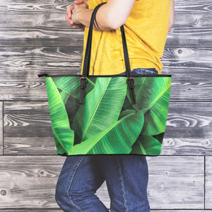 Green Tropical Banana Palm Leaf Print Leather Tote Bag