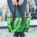 Green Tropical Banana Palm Leaf Print Leather Tote Bag