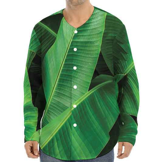 Green Tropical Banana Palm Leaf Print Long Sleeve Baseball Jersey