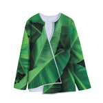 Green Tropical Banana Palm Leaf Print Long Sleeve Short Coat