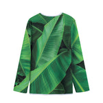 Green Tropical Banana Palm Leaf Print Long Sleeve Short Coat