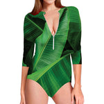 Green Tropical Banana Palm Leaf Print Long Sleeve Swimsuit