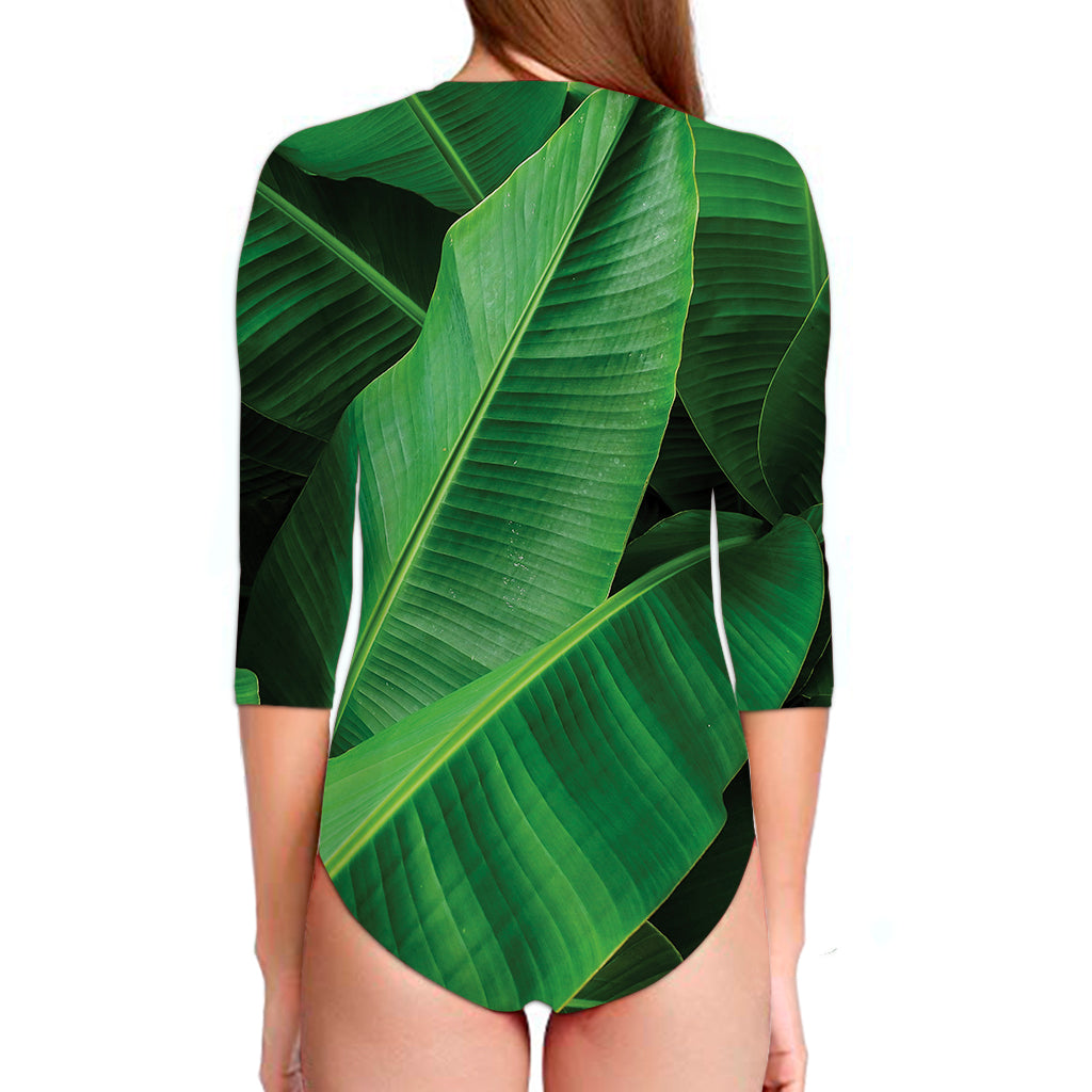 Green Tropical Banana Palm Leaf Print Long Sleeve Swimsuit