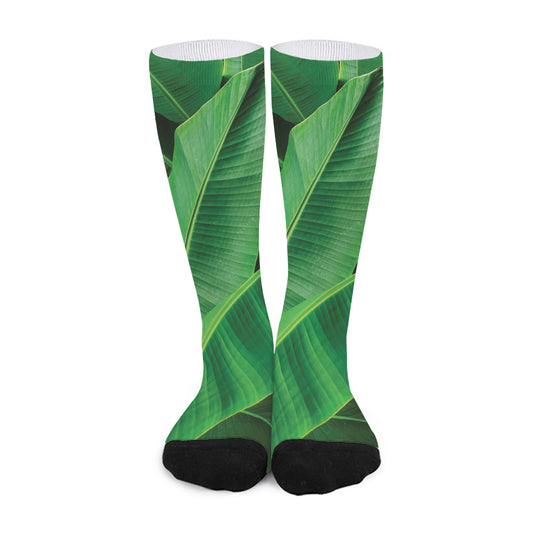 Green Tropical Banana Palm Leaf Print Long Socks