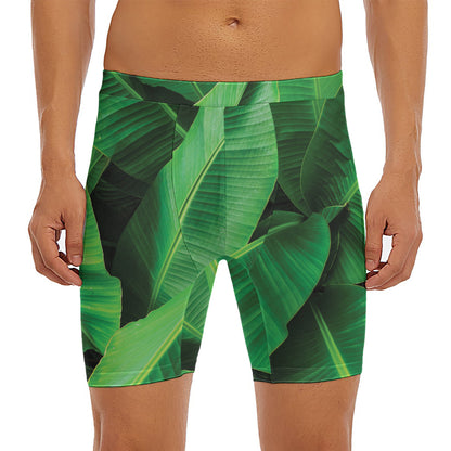 Green Tropical Banana Palm Leaf Print Men's Long Boxer Briefs