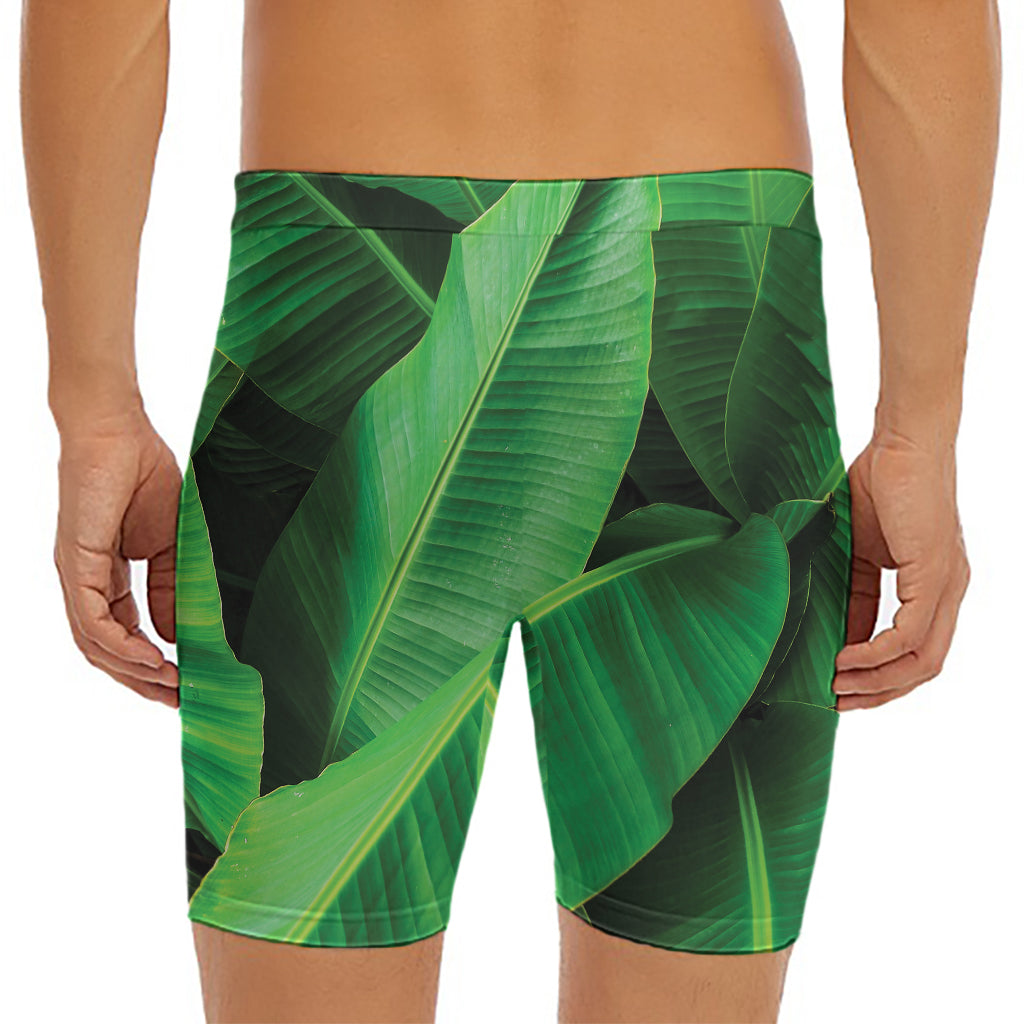 Green Tropical Banana Palm Leaf Print Men's Long Boxer Briefs