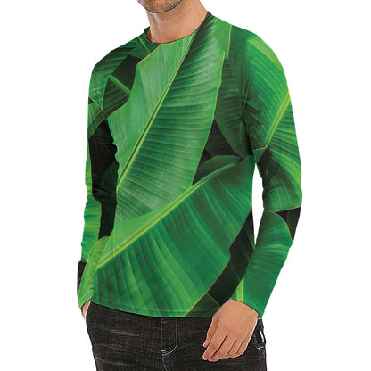 Green Tropical Banana Palm Leaf Print Men's Long Sleeve Rash Guard