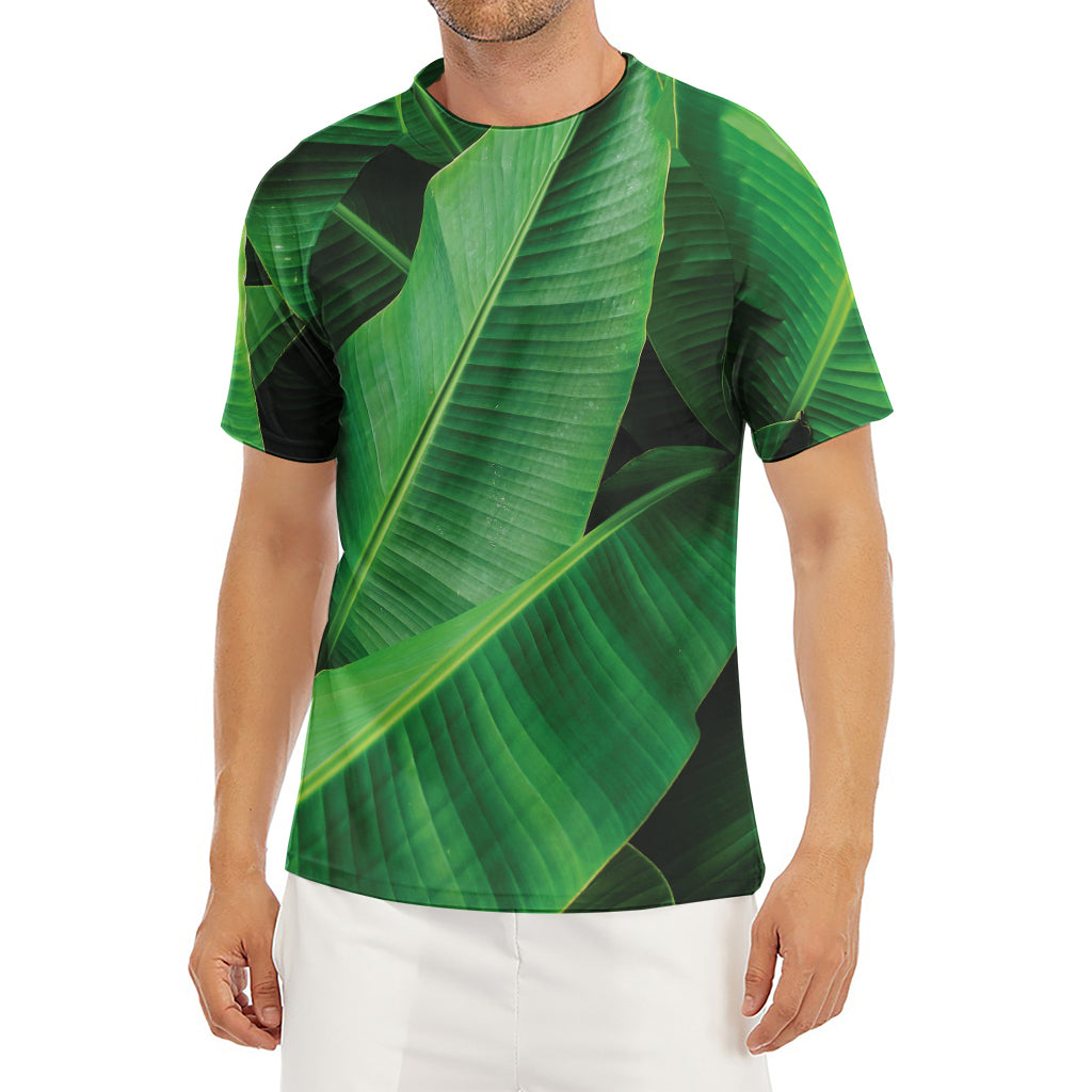 Green Tropical Banana Palm Leaf Print Men's Short Sleeve Rash Guard