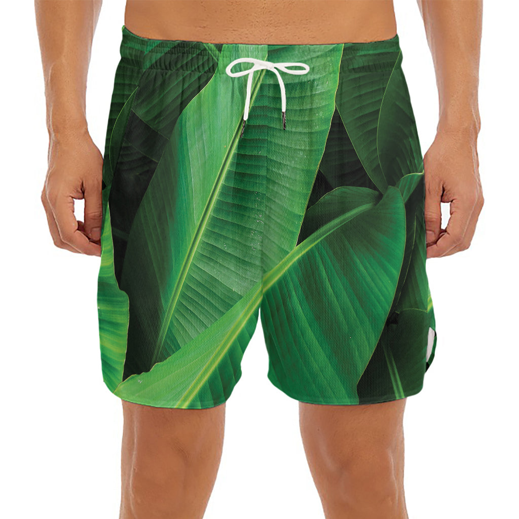 Green Tropical Banana Palm Leaf Print Men's Split Running Shorts