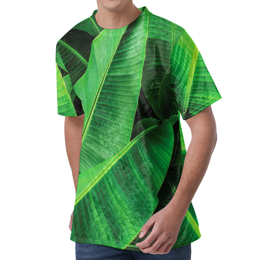 Green Tropical Banana Palm Leaf Print Men's Velvet T-Shirt